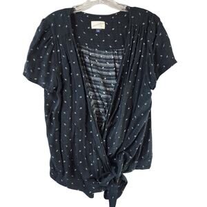 Universal Thread Tie Front Top Women Large Black - Diamond Print Short Sleeve